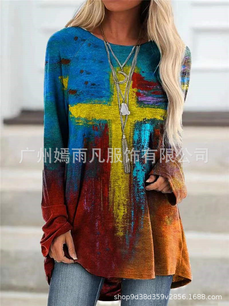 Wholesale Printed Round Neck Western Style Raglan Sleeve Loose T-Shirt